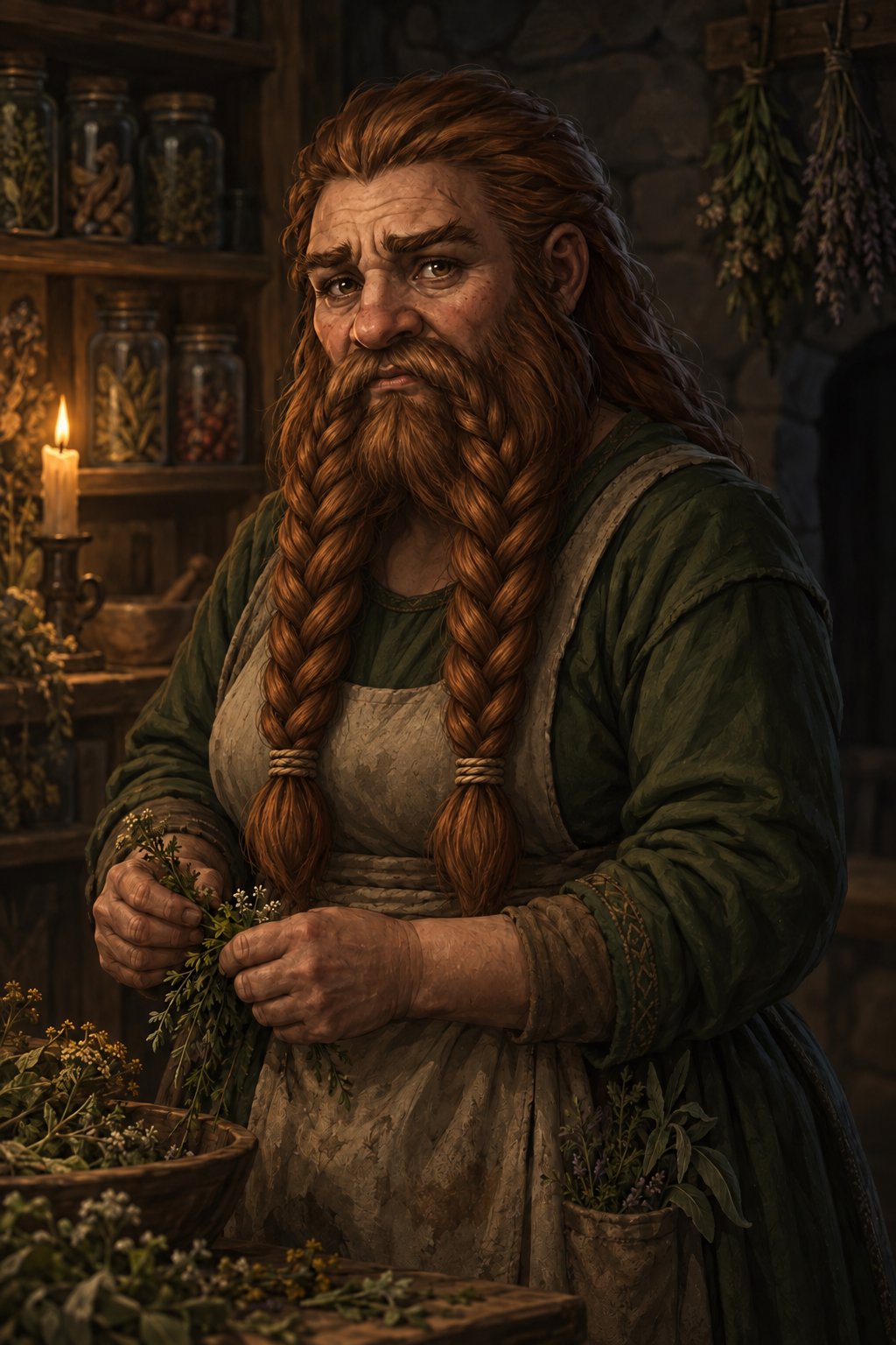 Lithen Dennison, with her long dwarven beard in two plaits